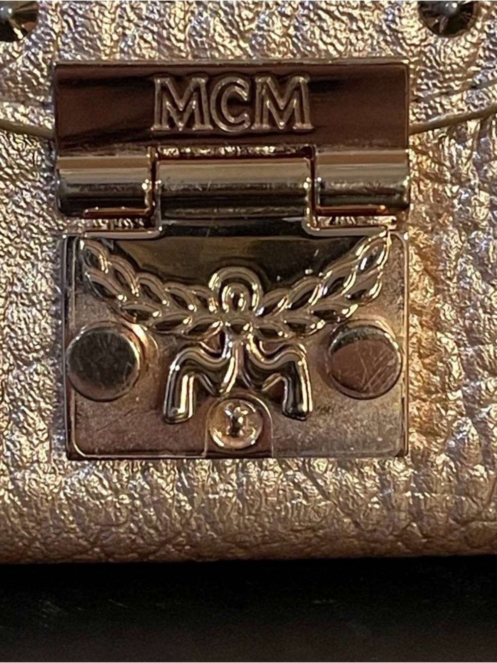 MCM Metallic Rose Gold Visetos Studded Crossbody w Silver Chain - Picture 7 of 8